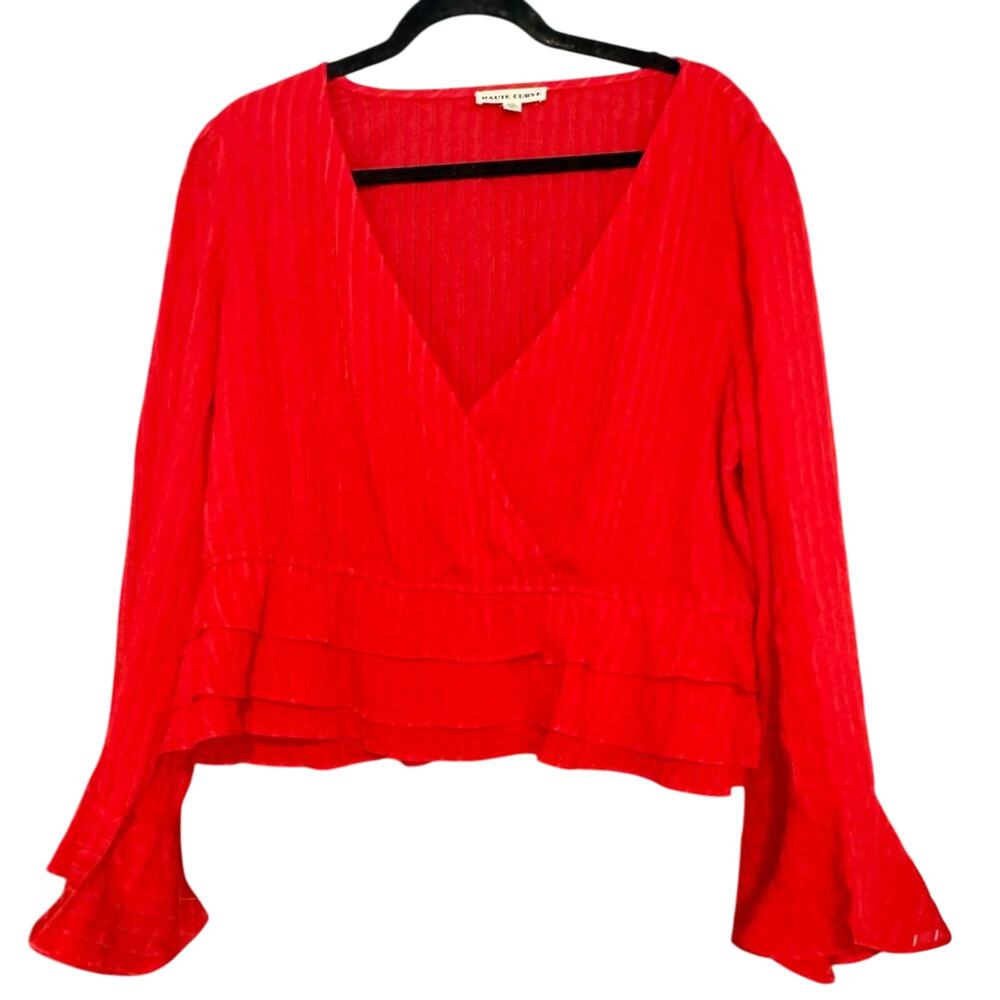 Haute Curve Bell Sleeve Red Striped V-Neck RuffleTop Womens Blouse 2X Boho